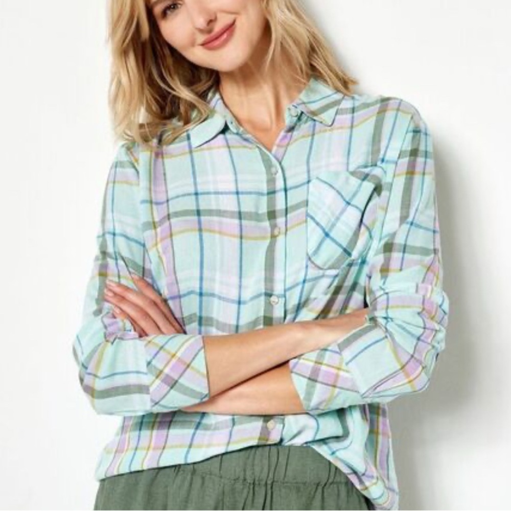 Candace Cameron Bure Linen Blend Button Front Shirt Mint Plaid Size XL Relaxed